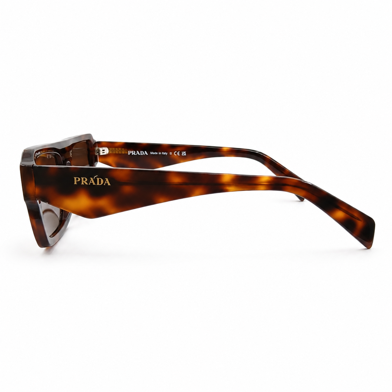 Prada A05 Bold Rectangle Sunglasses for Men & Women – Tortoise Acetate Frame, Gold Hardware Detail, Brown UV Lenses – Luxury Designer Eyewear