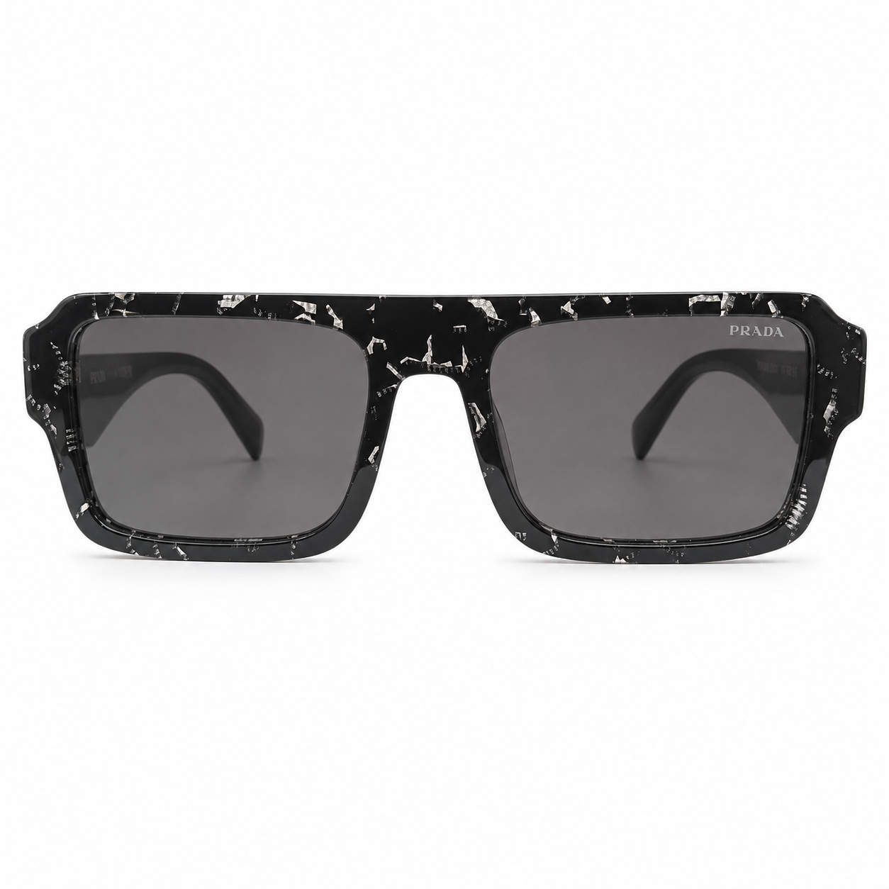 Prada A05 Marbled Rectangle Sunglasses for Men & Women – Black Crackled Acetate Frame, Silver-Fleck Detail, Grey UV Lenses – Luxury Designer Eyewear
