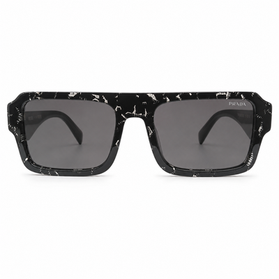 Prada A05 Marbled Rectangle Sunglasses for Men & Women – Black Crackled Acetate Frame, Silver-Fleck Detail, Grey UV Lenses – Luxury Designer Eyewear