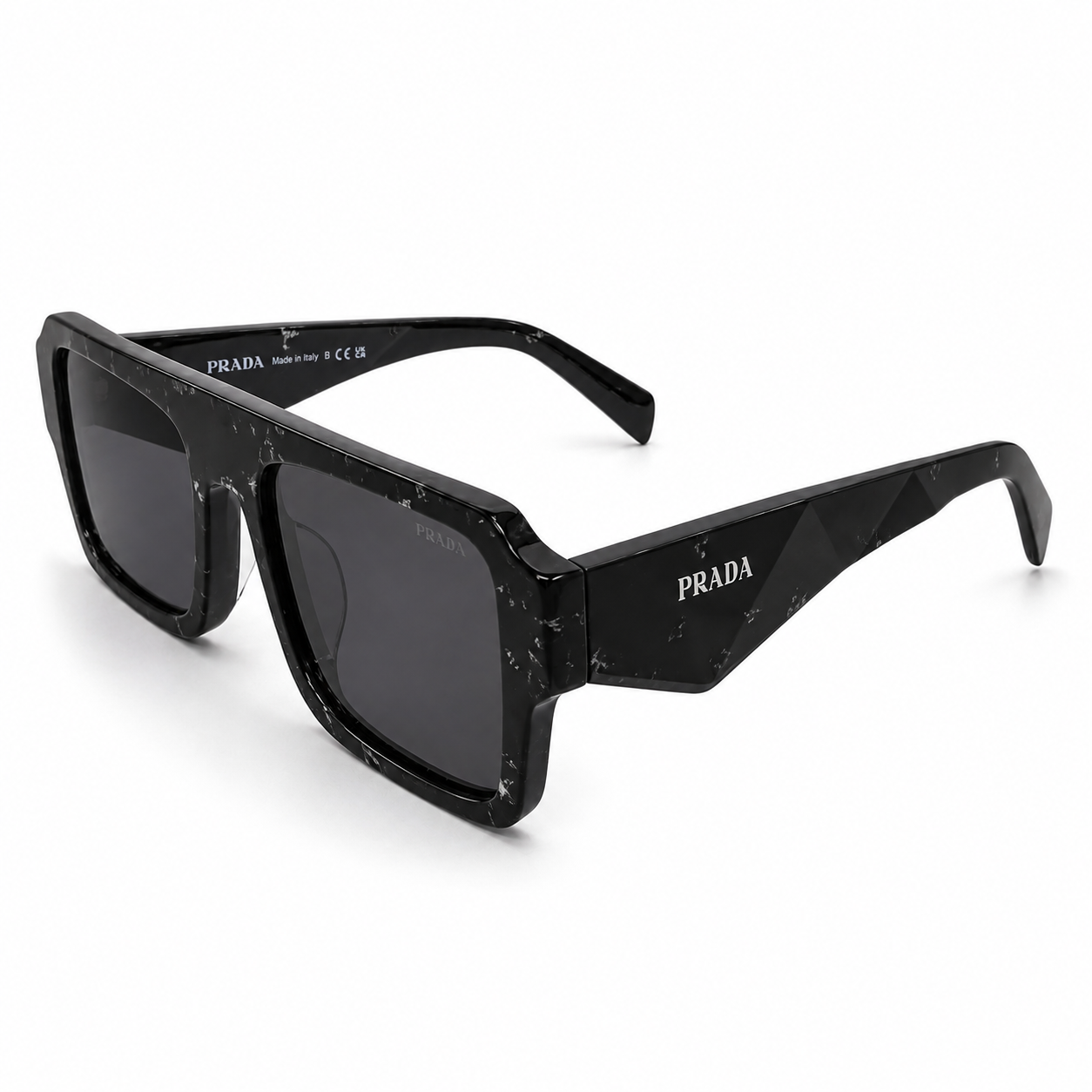 Prada A05 Marbled Rectangle Sunglasses for Men & Women – Black Crackled Acetate Frame, Silver-Fleck Detail, Grey UV Lenses – Luxury Designer Eyewear