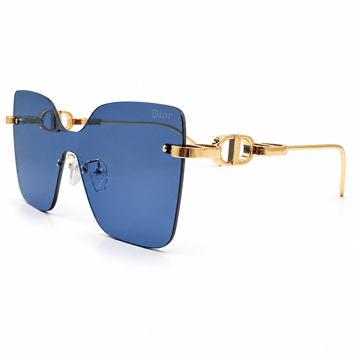 Dior 1011 Luxury Rimless Square Sunglasses - Ocean Blue Tinted Lenses with Gold Chain-Link Temple Detail