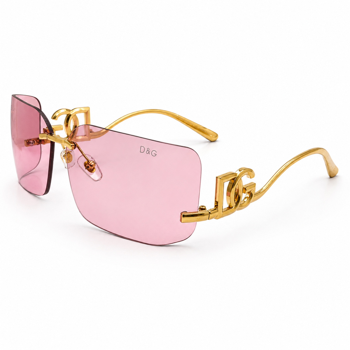 Dolce & Gabbana 9123 Luxury Rimless Square Sunglasses - Blush Pink Tinted Lenses with Gold "DG" Logo Temple Detail
