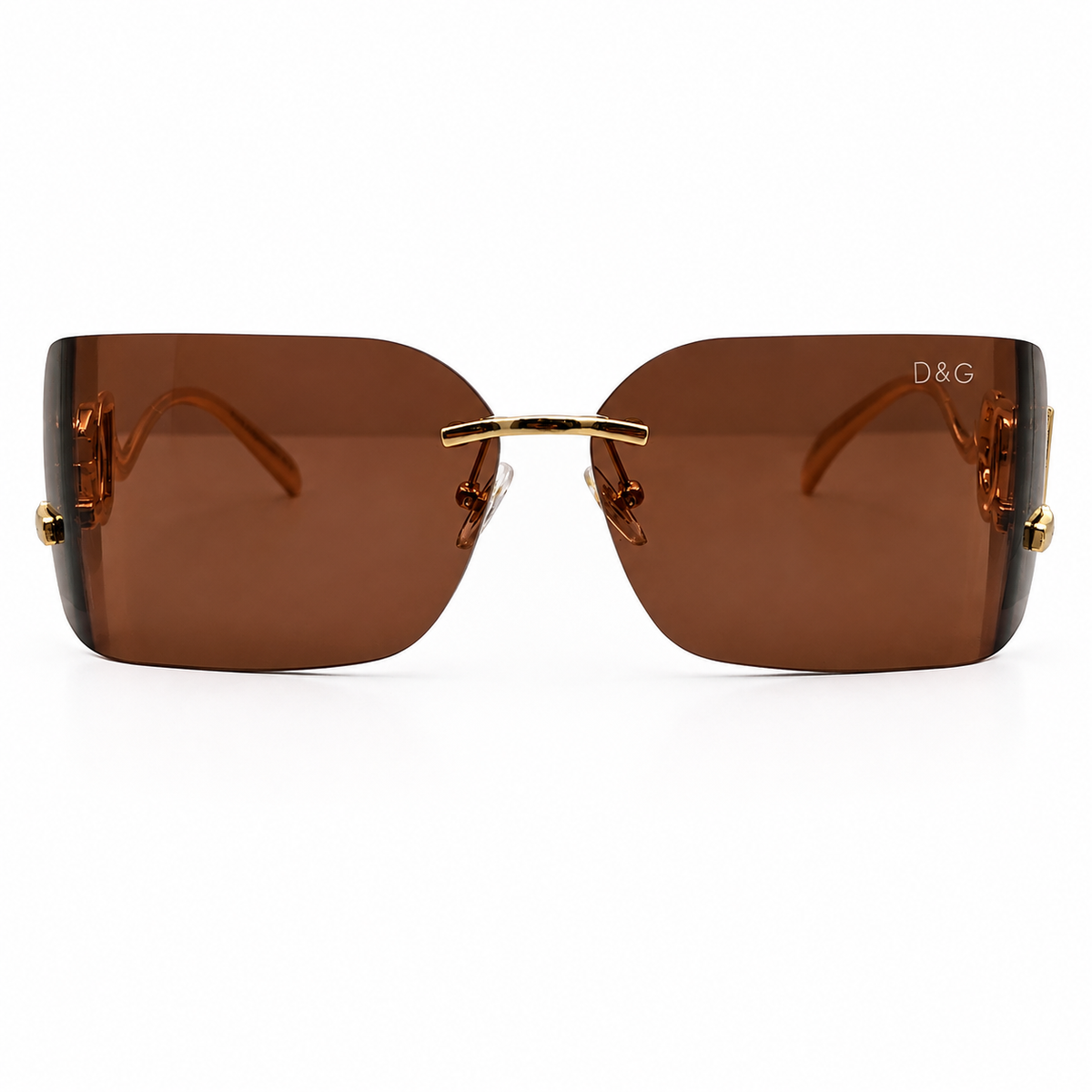 Dolce & Gabbana 9123 Luxury Rimless Square Sunglasses - Brown Tinted Lenses with Gold "DG" Logo Temple Detail