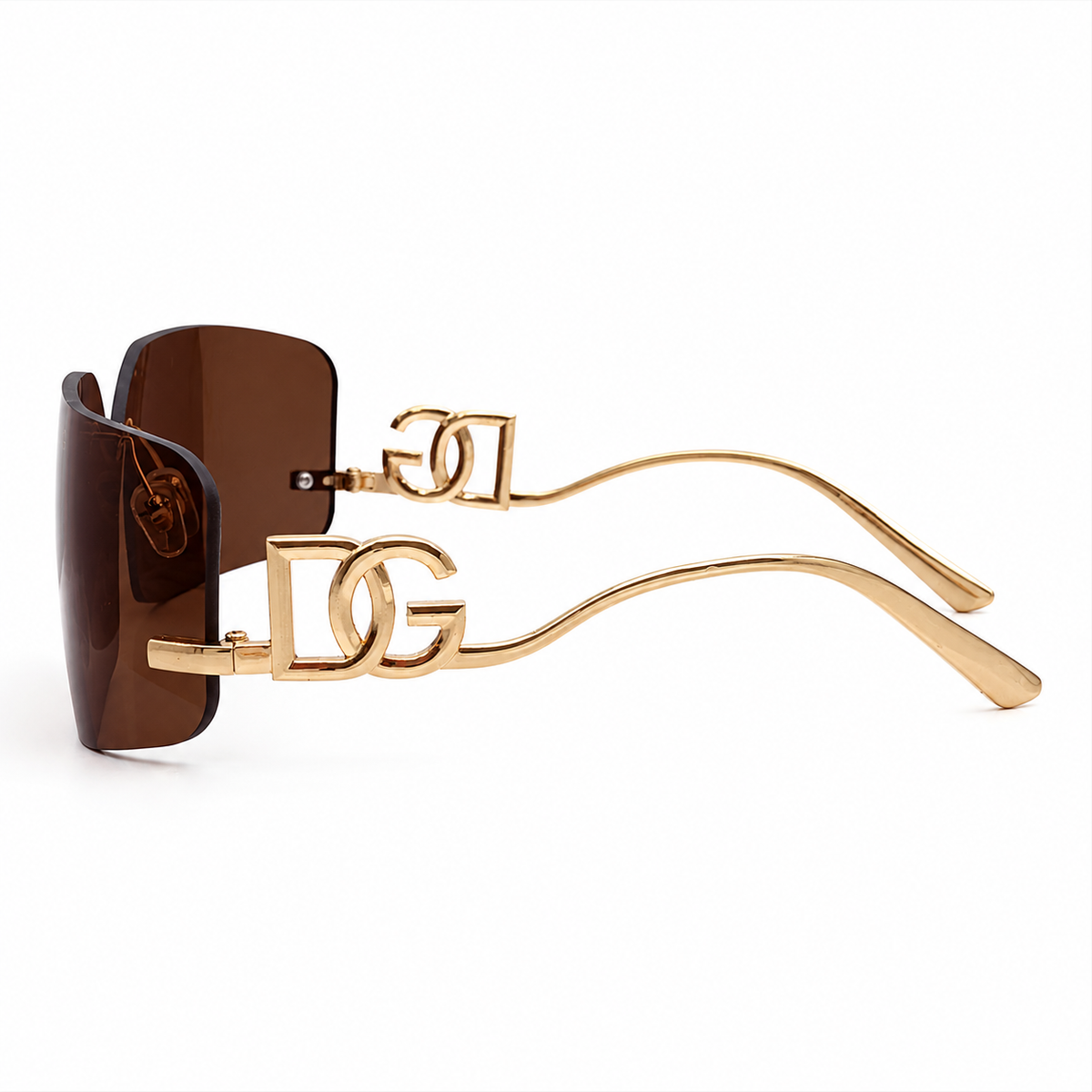 Dolce & Gabbana 9123 Luxury Rimless Square Sunglasses - Brown Tinted Lenses with Gold "DG" Logo Temple Detail