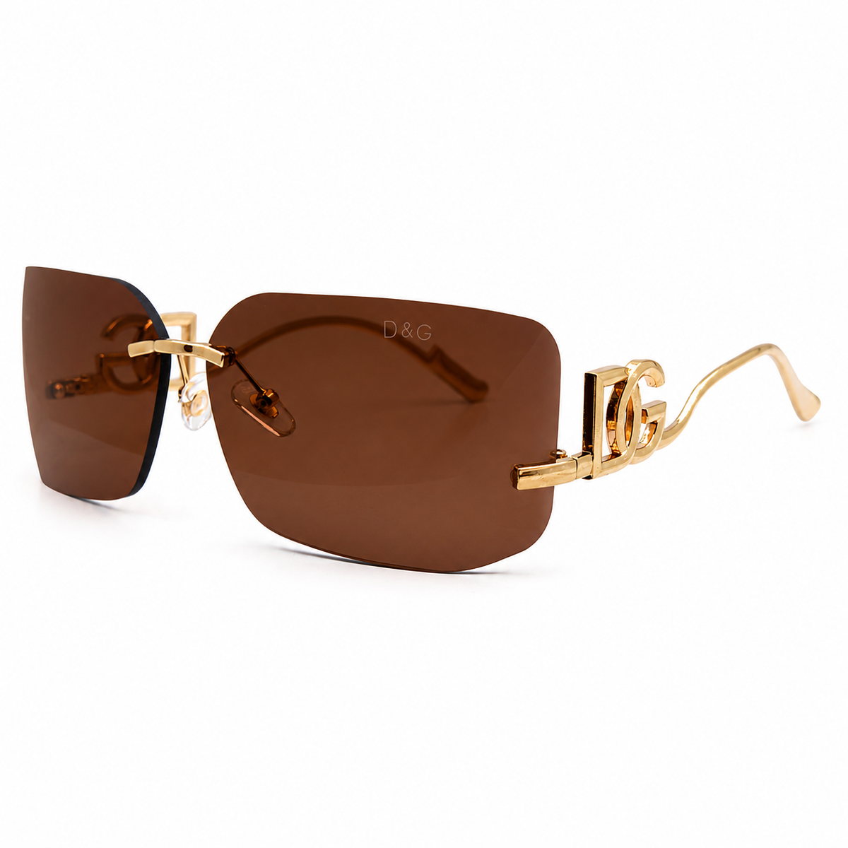 Dolce & Gabbana 9123 Luxury Rimless Square Sunglasses - Brown Tinted Lenses with Gold "DG" Logo Temple Detail