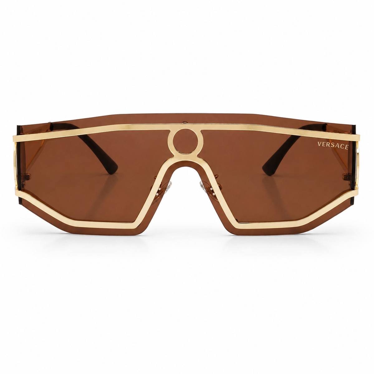 Versace 98427 Luxury Shield Sunglasses - Gold Metal Frame with Medusa Circle Bridge Detail & Brown Tinted Lenses