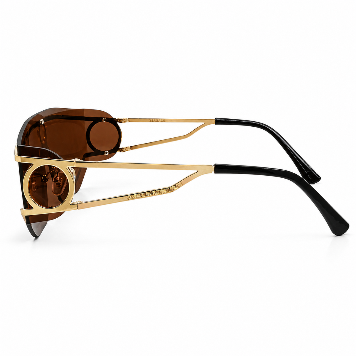 Versace 98427 Luxury Shield Sunglasses - Gold Metal Frame with Medusa Circle Bridge Detail & Brown Tinted Lenses