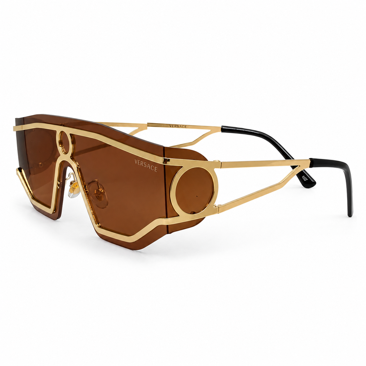 Versace 98427 Luxury Shield Sunglasses - Gold Metal Frame with Medusa Circle Bridge Detail & Brown Tinted Lenses