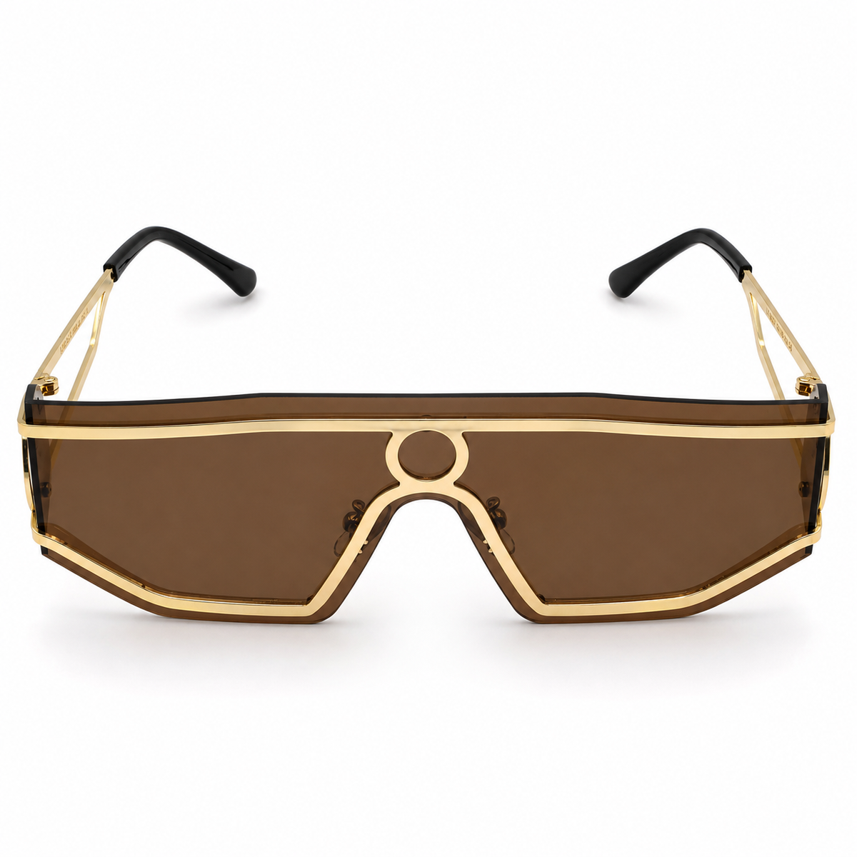 Versace 98427 Luxury Shield Sunglasses - Gold Metal Frame with Medusa Circle Bridge Detail & Brown Tinted Lenses