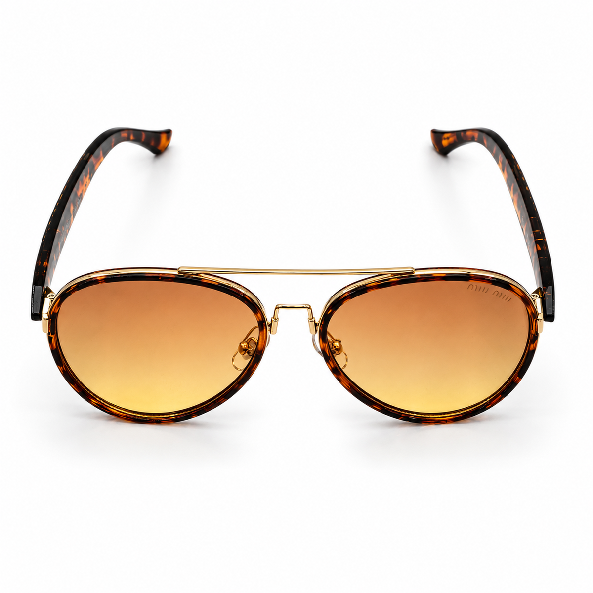 Miu Miu 5G368 Luxury Aviator Sunglasses - Tortoiseshell Acetate Frame with Gold Metal Brow Bar & Amber Gradient Lenses
