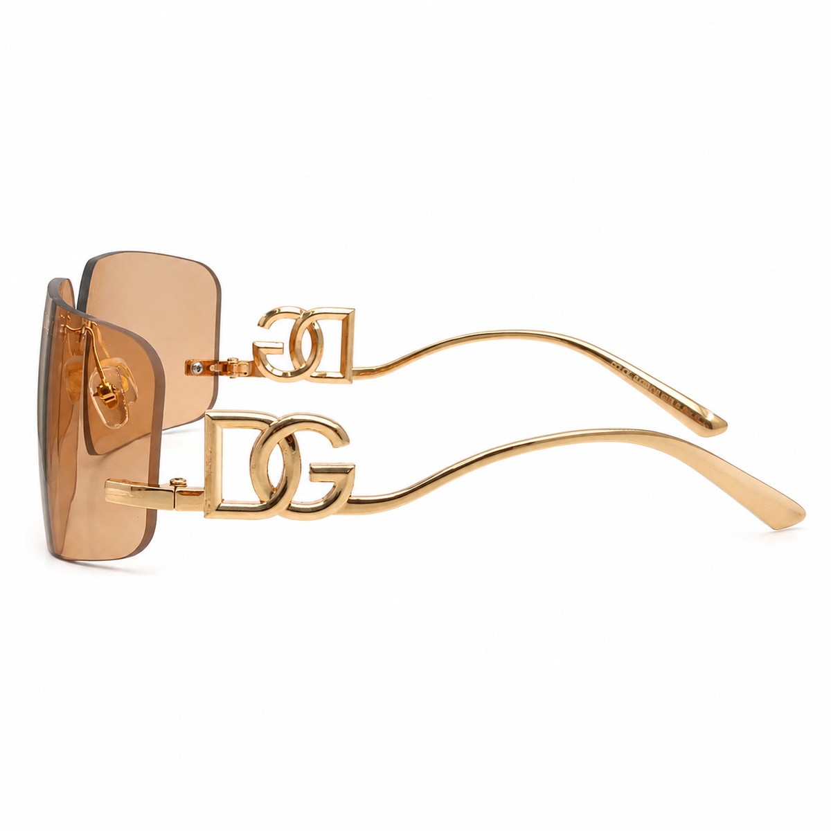 Dolce & Gabbana 9123 Luxury Rimless Square Sunglasses - Champagne Tinted Lenses with Gold "DG" Logo Temple Detail