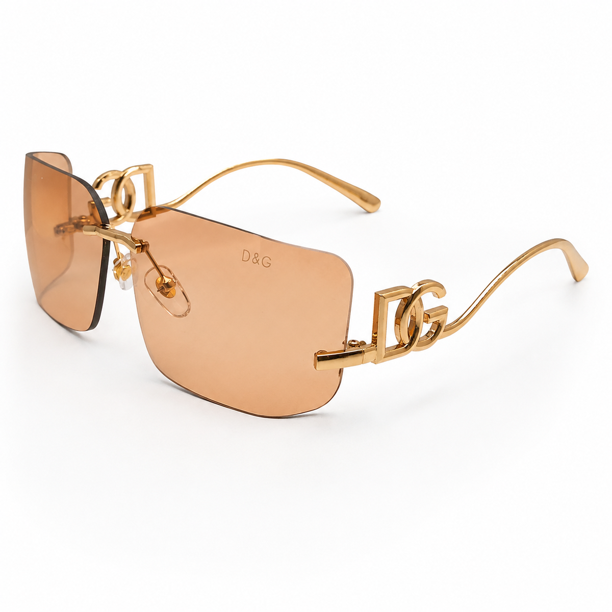 Dolce & Gabbana 9123 Luxury Rimless Square Sunglasses - Champagne Tinted Lenses with Gold "DG" Logo Temple Detail