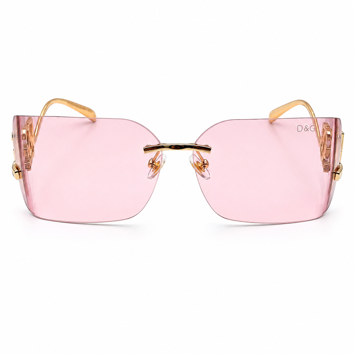 Dolce & Gabbana 9123 Luxury Rimless Square Sunglasses - Blush Pink Tinted Lenses with Gold "DG" Logo Temple Detail