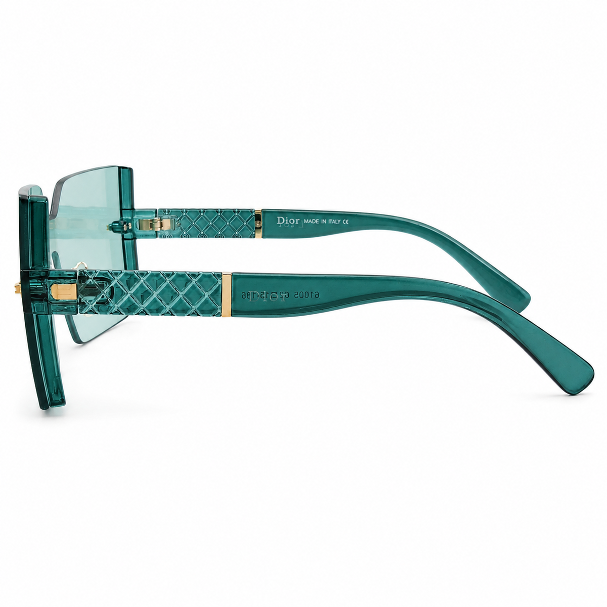 Dior 61005 Luxury Rimless Oversized Square Sunglasses - Sea Green Acetate Frame with Quilted Temple Detail & Teal Tinted Lenses