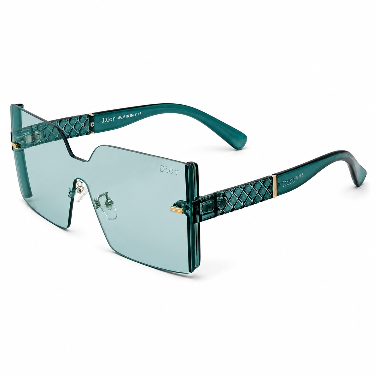 Dior 61005 Luxury Rimless Oversized Square Sunglasses - Sea Green Acetate Frame with Quilted Temple Detail & Teal Tinted Lenses