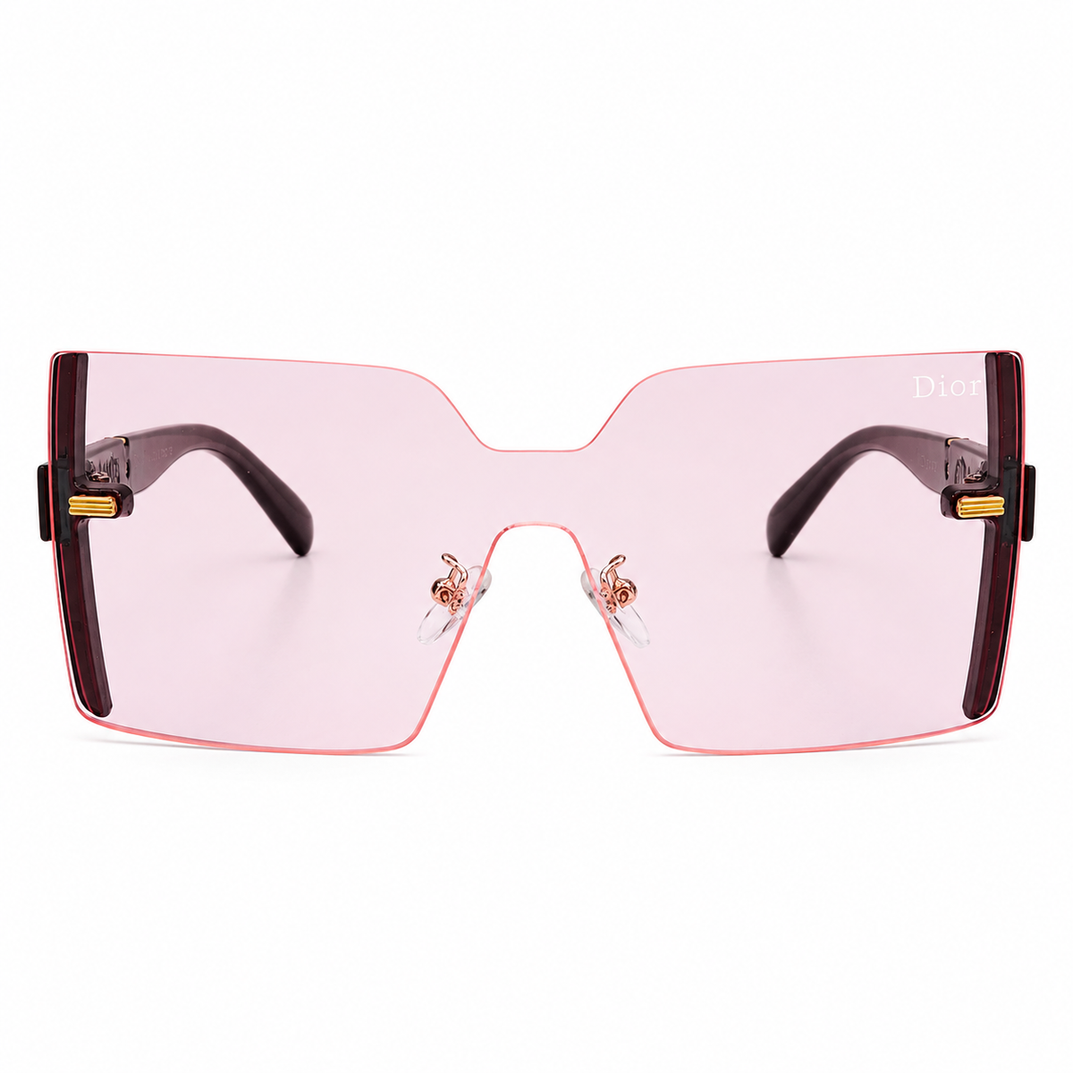 Dior 61005 Luxury Rimless Oversized Square Sunglasses - Black Acetate Frame with Quilted Temple Detail & Light Pink Tinted Lenses