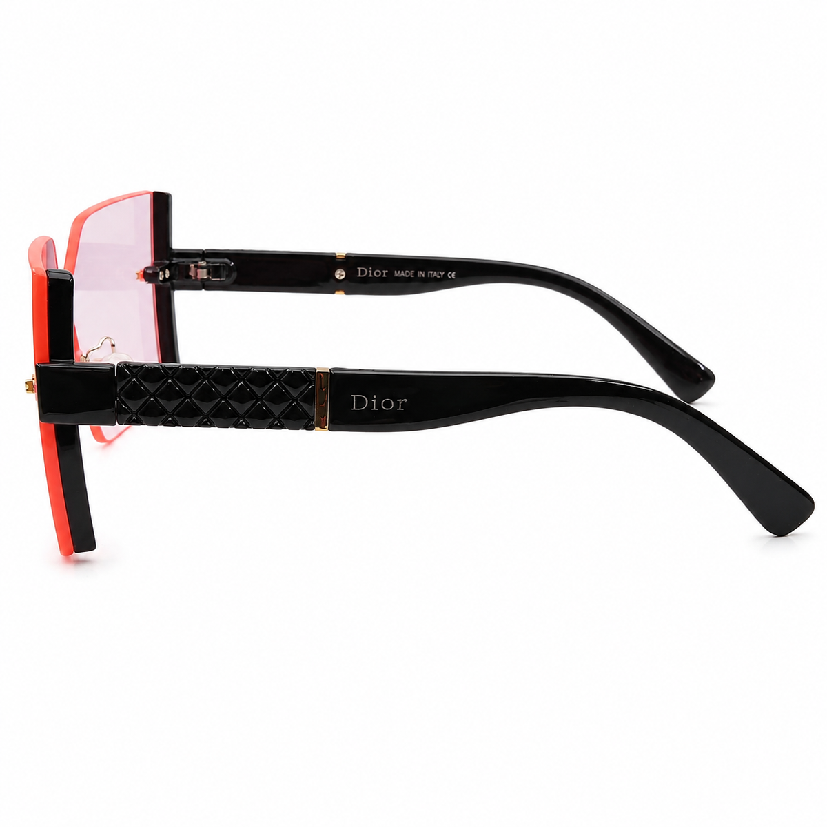 Dior 61005 Luxury Rimless Oversized Square Sunglasses - Black Acetate Frame with Quilted Temple Detail & Light Pink Tinted Lenses