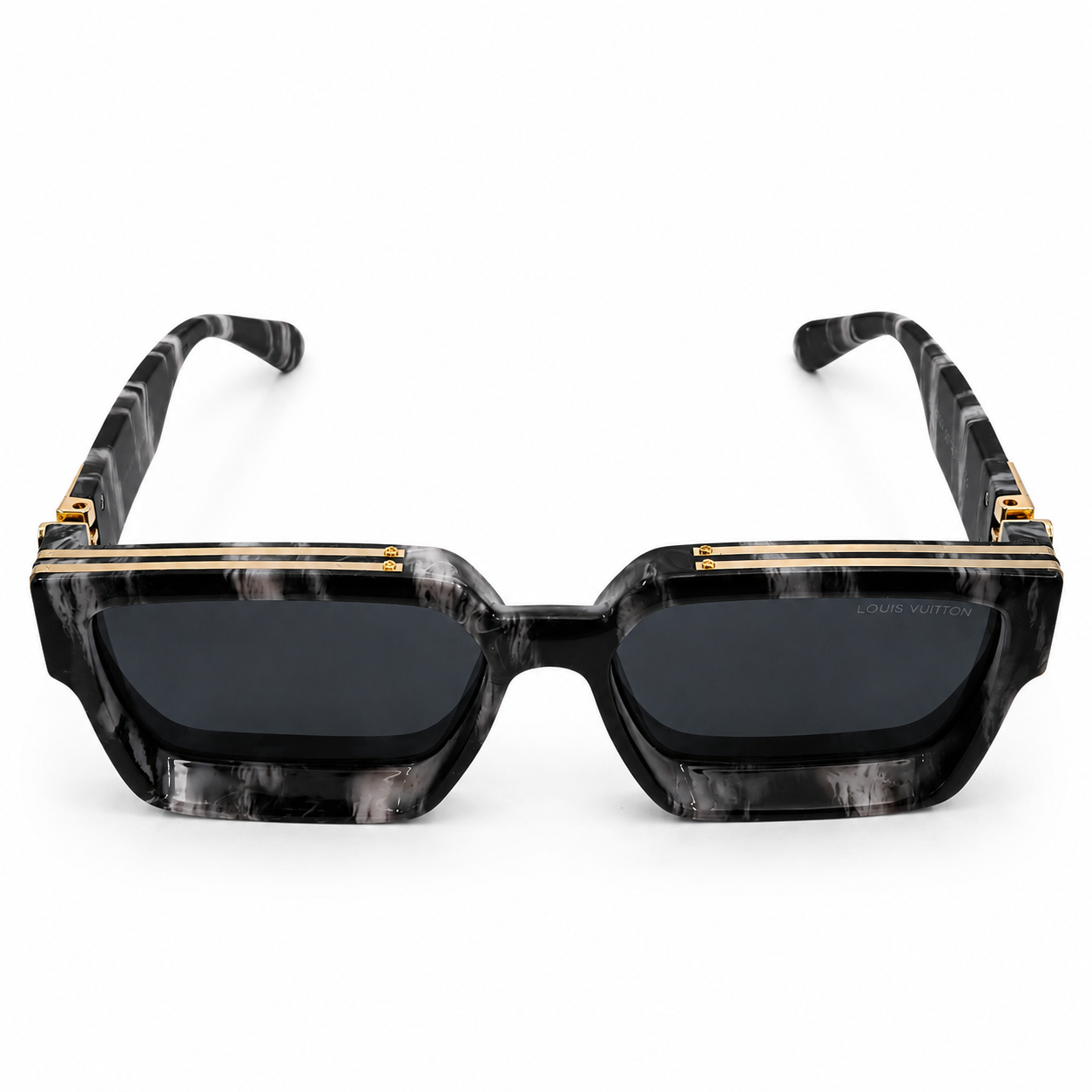 Louis Vuitton 96006 Luxury Square Sunglasses for Men & Women – Premium Glossy Black Acetate with Gold Monogram Detailing & Dark Grey UV400 Protection Lenses