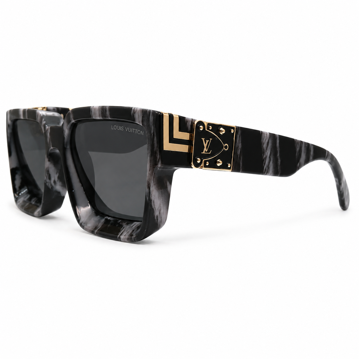 Louis Vuitton 96006 Luxury Square Sunglasses for Men & Women – Premium Glossy Black Acetate with Gold Monogram Detailing & Dark Grey UV400 Protection Lenses
