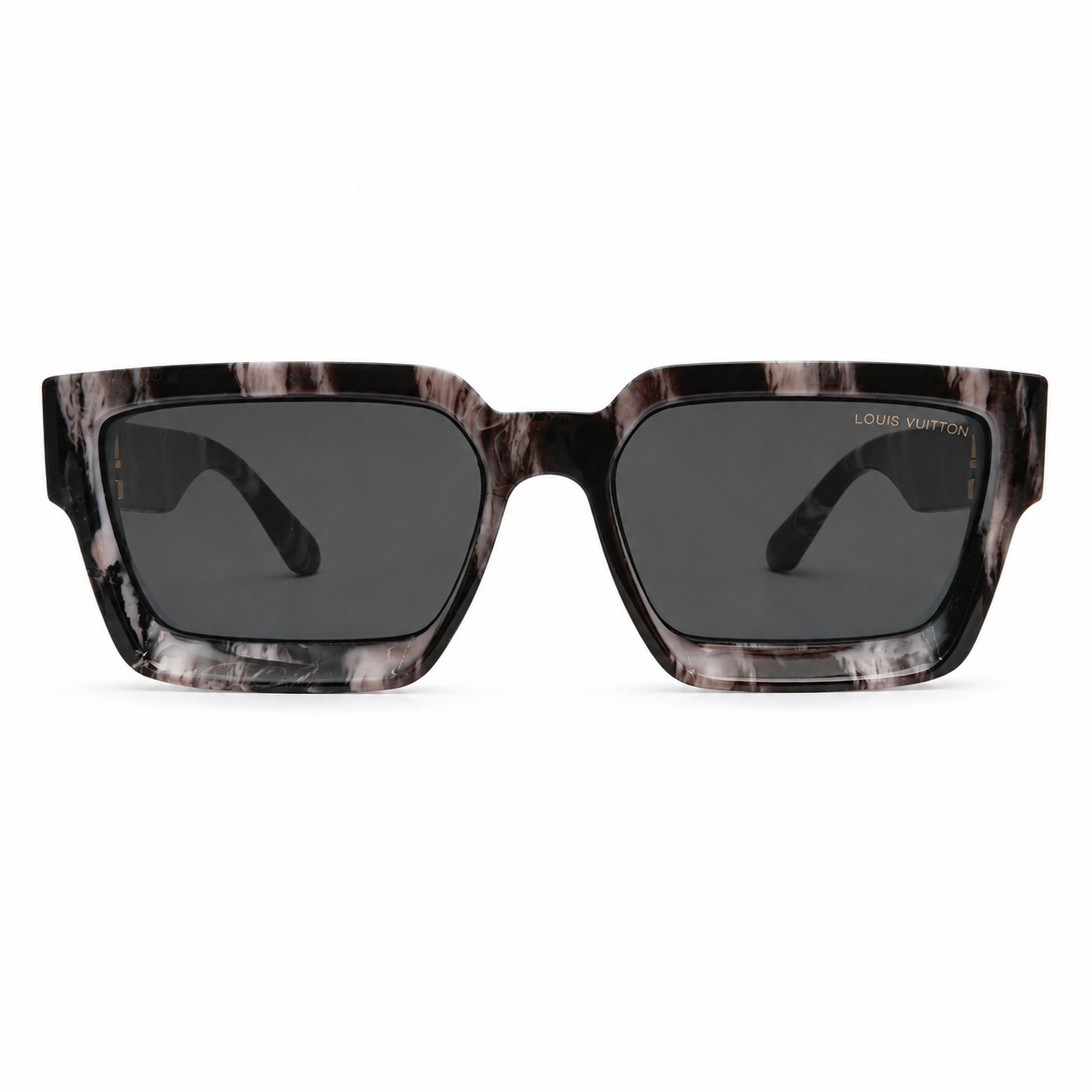 Louis Vuitton 96006 Luxury Square Sunglasses for Men & Women – Premium Glossy Black Acetate with Gold Monogram Detailing & Dark Grey UV400 Protection Lenses