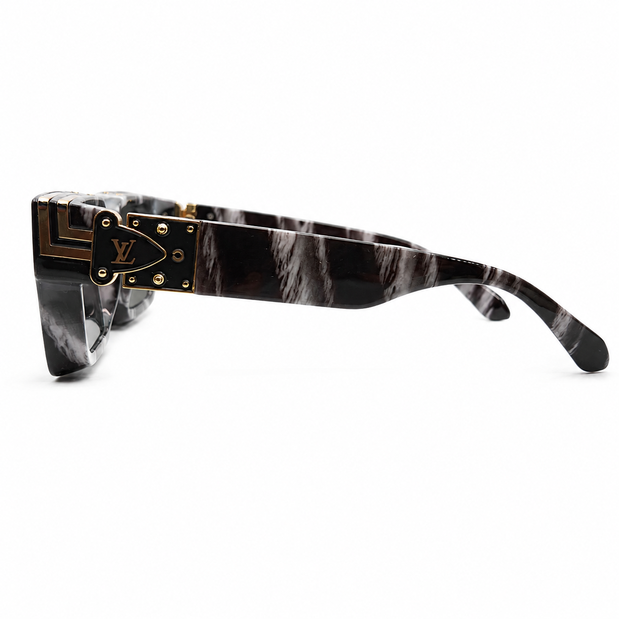 Louis Vuitton 96006 Luxury Square Sunglasses for Men & Women – Premium Glossy Black Acetate with Gold Monogram Detailing & Dark Grey UV400 Protection Lenses