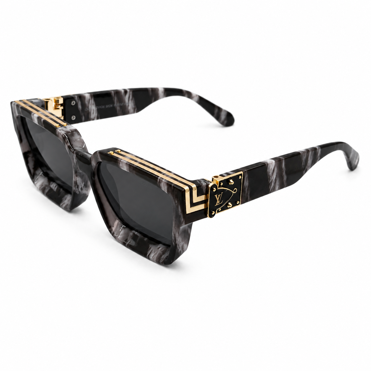 Louis Vuitton 96006 Luxury Square Sunglasses for Men & Women – Premium Glossy Black Acetate with Gold Monogram Detailing & Dark Grey UV400 Protection Lenses