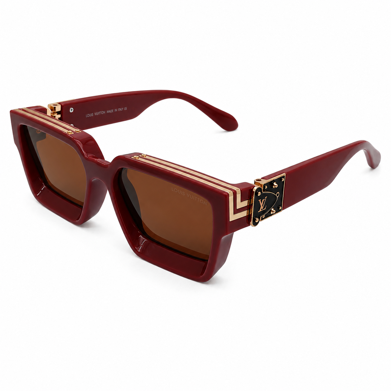 Louis Vuitton 96006 Luxury Bold Square Sunglasses – Dark Red Glossy Acetate with Gold Monogram Temple Detail & Brown Gradient UV Protection Lenses