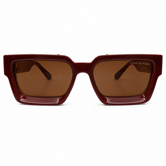 Louis Vuitton 96006 Luxury Bold Square Sunglasses – Dark Red Glossy Acetate with Gold Monogram Temple Detail & Brown Gradient UV Protection Lenses