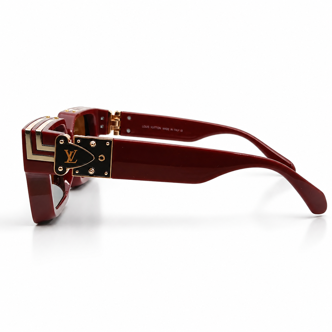 Louis Vuitton 96006 Luxury Bold Square Sunglasses – Dark Red Glossy Acetate with Gold Monogram Temple Detail & Brown Gradient UV Protection Lenses