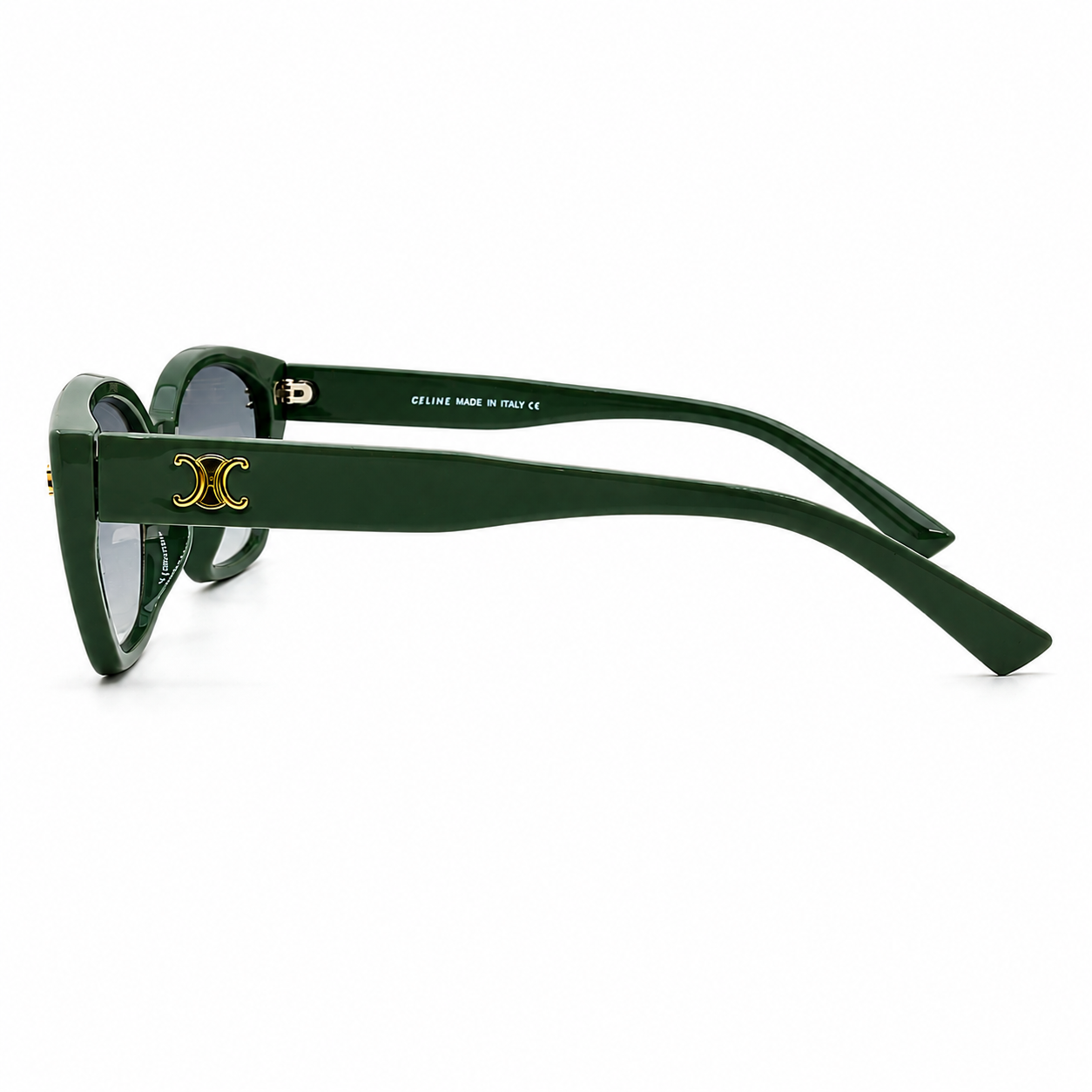 Celine 55303 Cat-Eye Sunglasses for Women – Green Acetate Frame, Gold Triomphe Logo, Grey Gradient UV400 Protection Lenses – Luxury Designer Eyewear