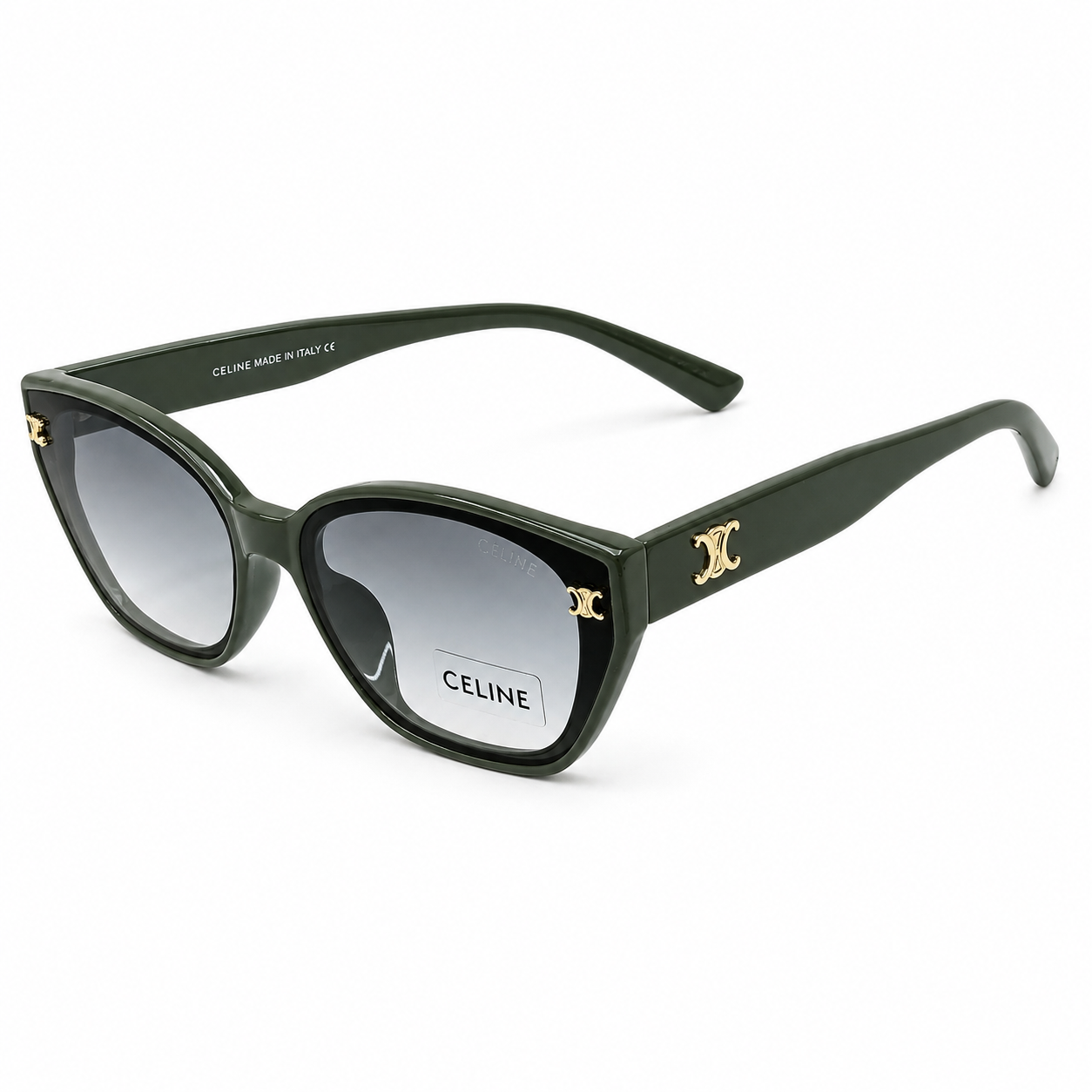 Celine 55303 Cat-Eye Sunglasses for Women – Green Acetate Frame, Gold Triomphe Logo, Grey Gradient UV400 Protection Lenses – Luxury Designer Eyewear