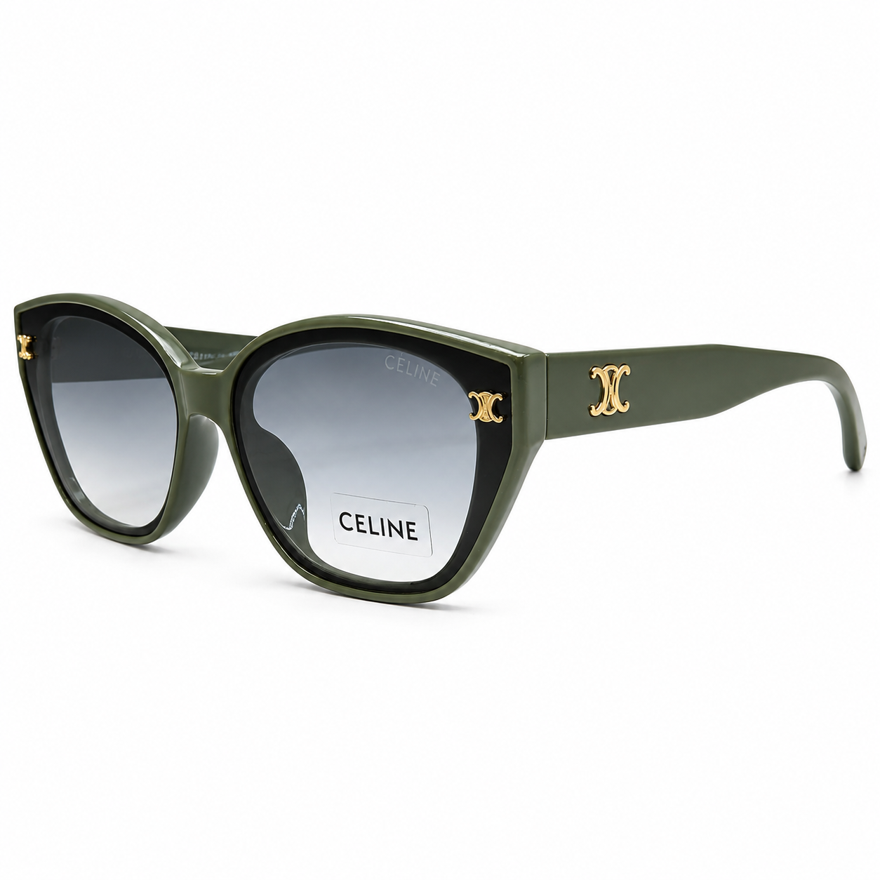 Celine 55303 Cat-Eye Sunglasses for Women – Green Acetate Frame, Gold Triomphe Logo, Grey Gradient UV400 Protection Lenses – Luxury Designer Eyewear