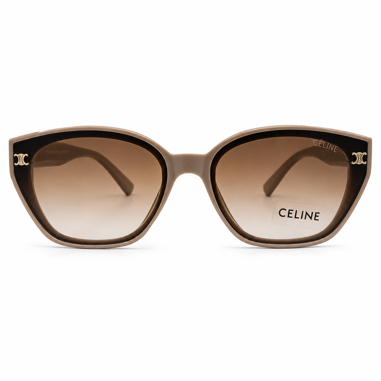Celine 55303 Cat-Eye Sunglasses for Women – Beige Acetate Frame, Gold Triomphe Logo, Brown Gradient UV400 Protection Lenses – Luxury Designer Eyewear