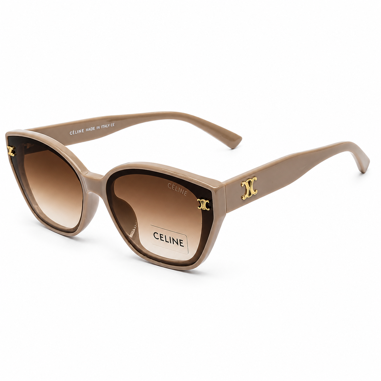 Celine 55303 Cat-Eye Sunglasses for Women – Beige Acetate Frame, Gold Triomphe Logo, Brown Gradient UV400 Protection Lenses – Luxury Designer Eyewear