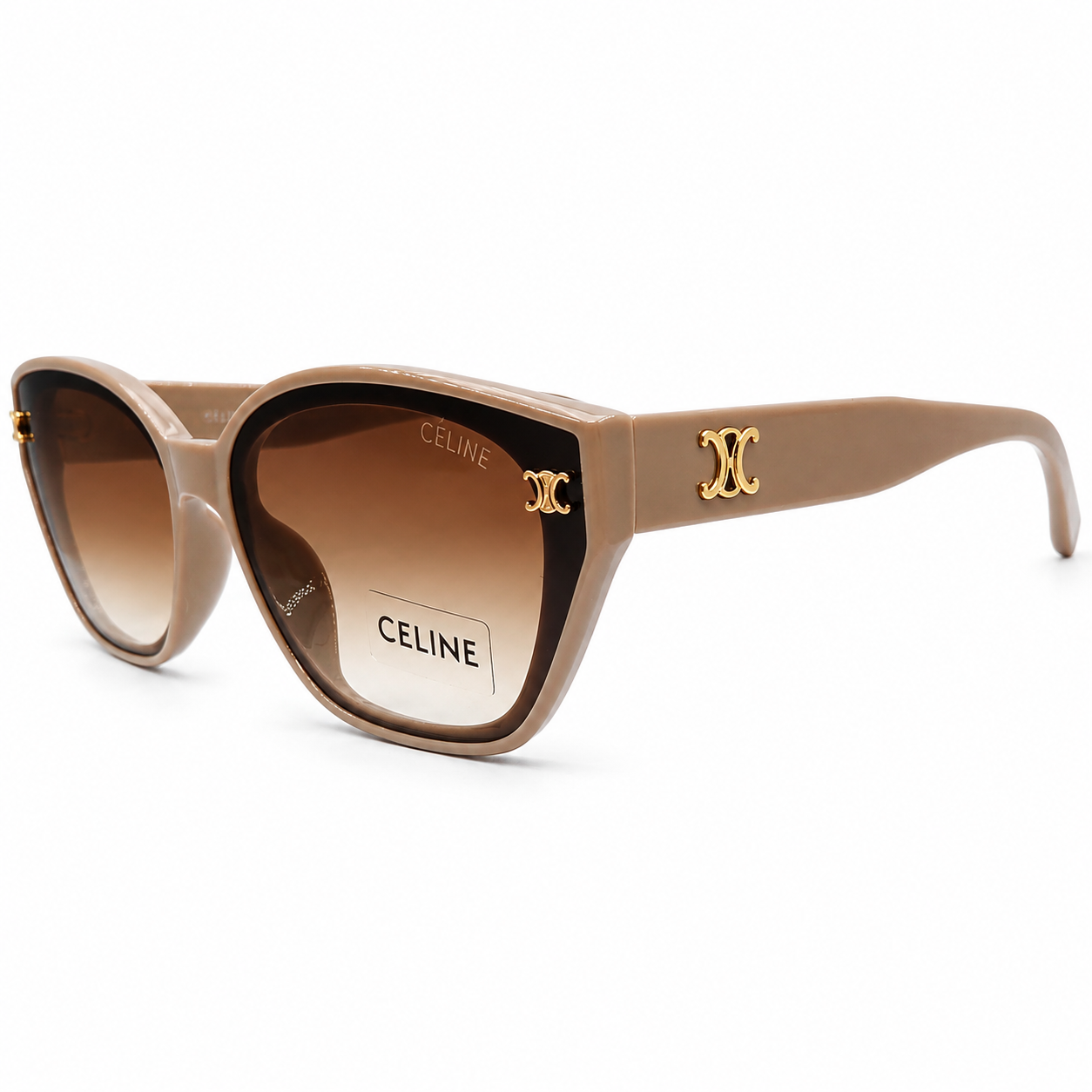 Celine 55303 Cat-Eye Sunglasses for Women – Beige Acetate Frame, Gold Triomphe Logo, Brown Gradient UV400 Protection Lenses – Luxury Designer Eyewear