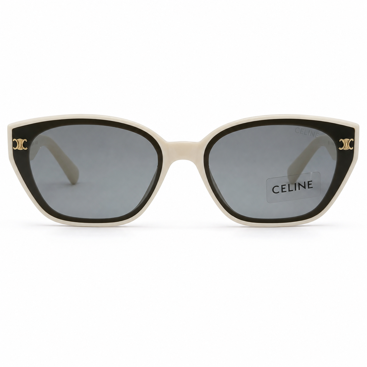 Celine 55303 Cat-Eye Sunglasses for Women – White/Cream Acetate Frame, Gold Triomphe Logo, Grey Gradient UV400 Protection Lenses – Luxury Designer Eyewear