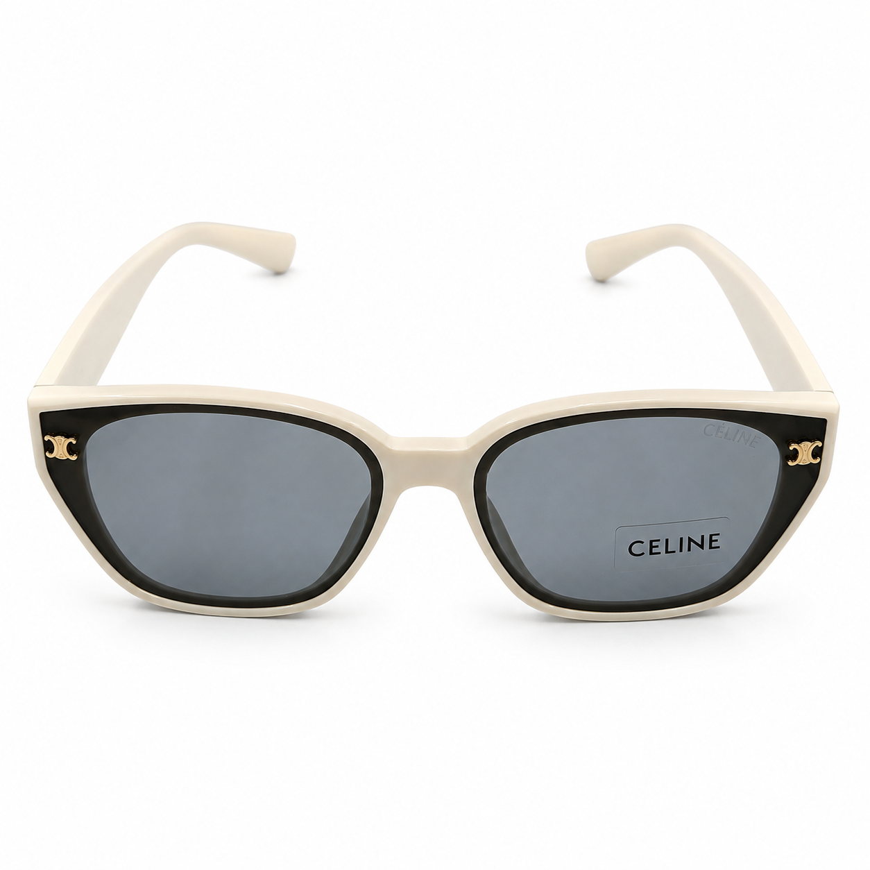Celine 55303 Cat-Eye Sunglasses for Women – White/Cream Acetate Frame, Gold Triomphe Logo, Grey Gradient UV400 Protection Lenses – Luxury Designer Eyewear