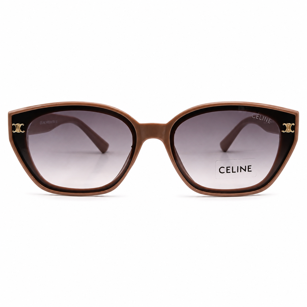Celine 55303 Cat-Eye Sunglasses for Women – Nude/Tan Acetate Frame, Gold Triomphe Logo, Purple Gradient UV400 Protection Lenses – Luxury Designer Eyewear