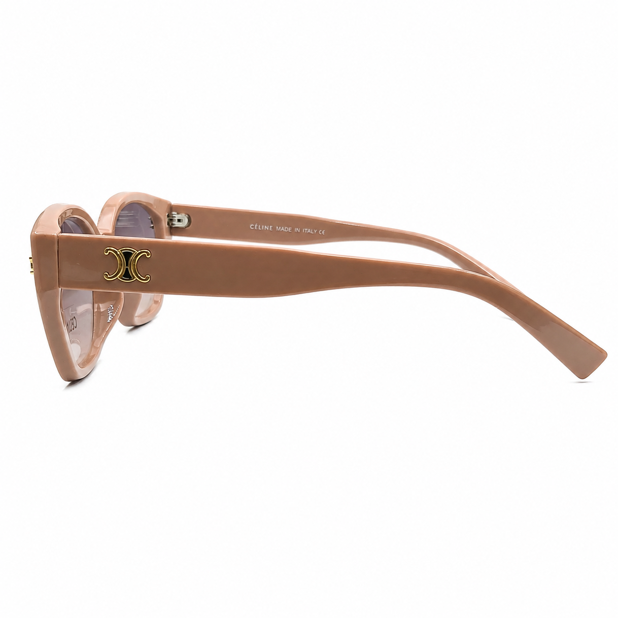 Celine 55303 Cat-Eye Sunglasses for Women – Nude/Tan Acetate Frame, Gold Triomphe Logo, Purple Gradient UV400 Protection Lenses – Luxury Designer Eyewear