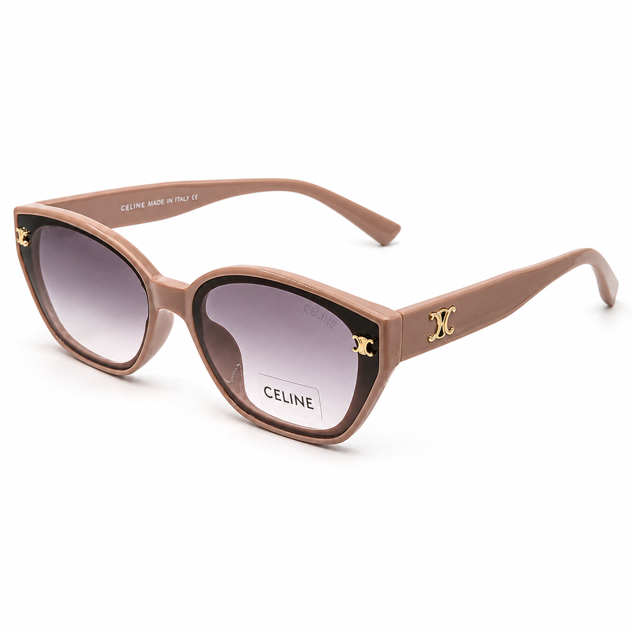 Celine 55303 Cat-Eye Sunglasses for Women – Nude/Tan Acetate Frame, Gold Triomphe Logo, Purple Gradient UV400 Protection Lenses – Luxury Designer Eyewear
