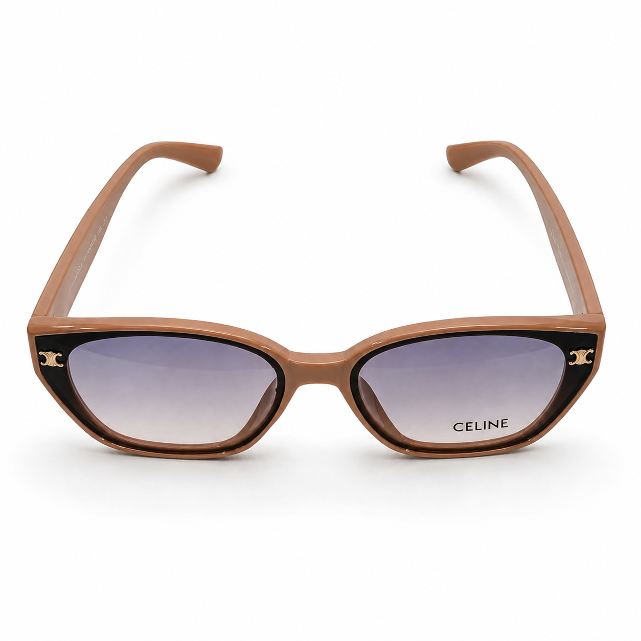 Celine 55303 Cat-Eye Sunglasses for Women – Nude/Tan Acetate Frame, Gold Triomphe Logo, Purple Gradient UV400 Protection Lenses – Luxury Designer Eyewear
