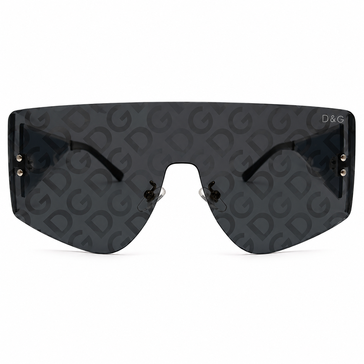 Dolce & Gabbana 98231 Shield Sunglasses – Black & Silver Metal Frame, Rimless Design, DG Monogram Print Lenses with UV400 Protection – Luxury Designer Eyewear