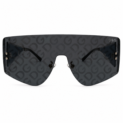 Dolce & Gabbana 98231 Shield Sunglasses – Black & Silver Metal Frame, Rimless Design, DG Monogram Print Lenses with UV400 Protection – Luxury Designer Eyewear
