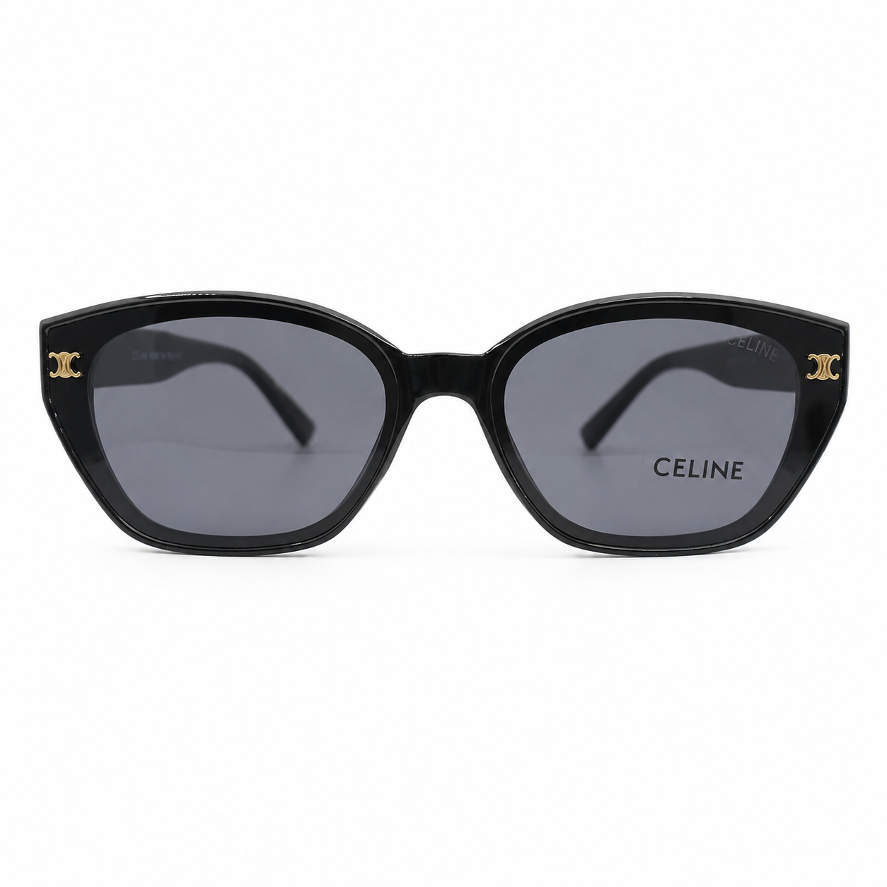 Celine 55303 Cat-Eye Sunglasses for Women – Glossy Black Acetate Frame, Gold Triomphe Logo, Dark Grey Gradient UV400 Protection Lenses – Luxury Designer Eyewear