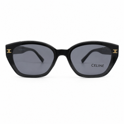 Celine 55303 Cat-Eye Sunglasses for Women – Glossy Black Acetate Frame, Gold Triomphe Logo, Dark Grey Gradient UV400 Protection Lenses – Luxury Designer Eyewear