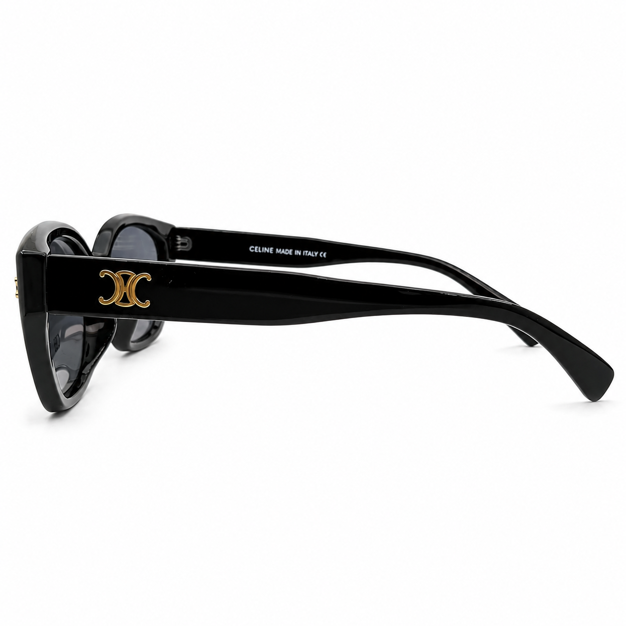 Celine 55303 Cat-Eye Sunglasses for Women – Glossy Black Acetate Frame, Gold Triomphe Logo, Dark Grey Gradient UV400 Protection Lenses – Luxury Designer Eyewear