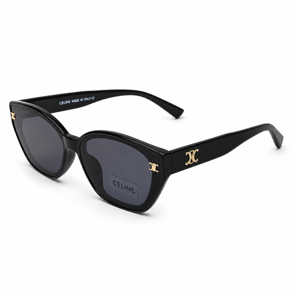 Celine 55303 Cat-Eye Sunglasses for Women – Glossy Black Acetate Frame, Gold Triomphe Logo, Dark Grey Gradient UV400 Protection Lenses – Luxury Designer Eyewear