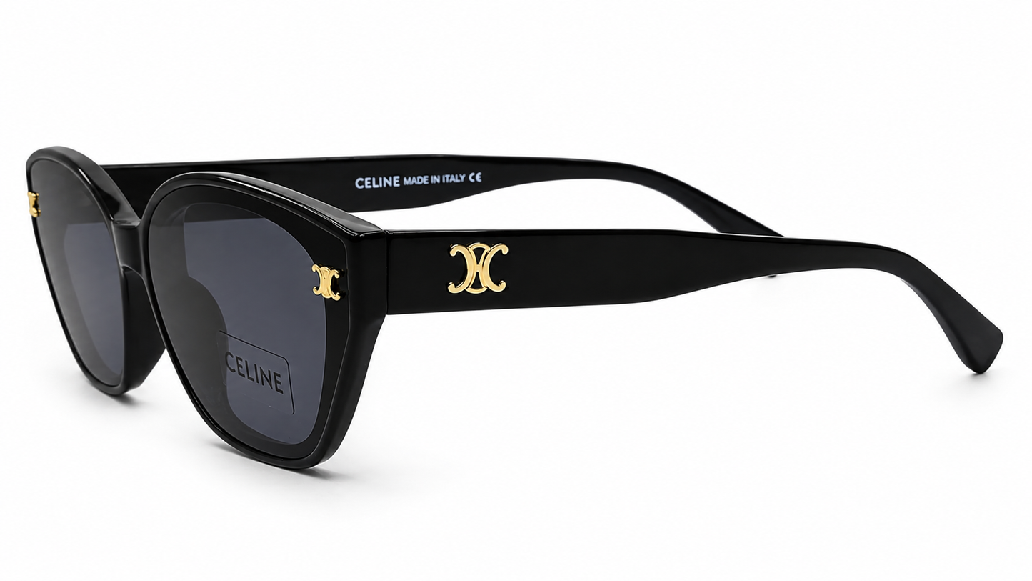 Celine 55303 Cat-Eye Sunglasses for Women – Glossy Black Acetate Frame, Gold Triomphe Logo, Dark Grey Gradient UV400 Protection Lenses – Luxury Designer Eyewear