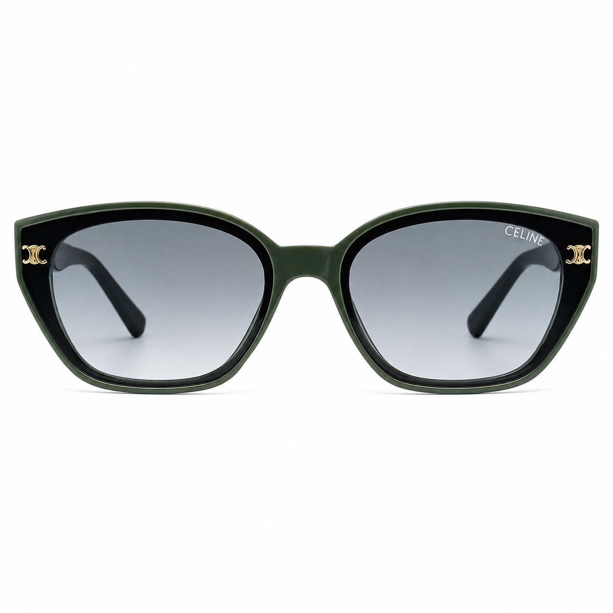Celine 55303 Cat-Eye Sunglasses for Women – Green Acetate Frame, Gold Triomphe Logo, Grey Gradient UV400 Protection Lenses – Luxury Designer Eyewear