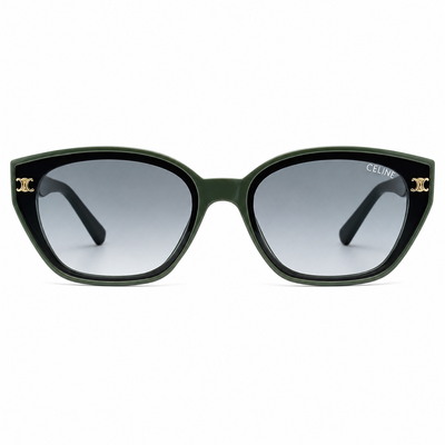 Celine 55303 Cat-Eye Sunglasses for Women – Green Acetate Frame, Gold Triomphe Logo, Grey Gradient UV400 Protection Lenses – Luxury Designer Eyewear